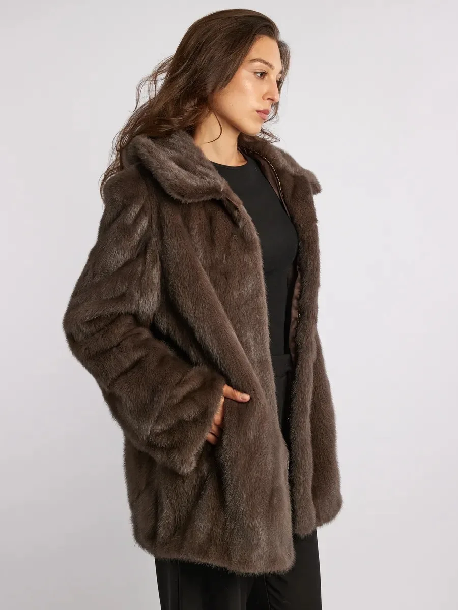 IG Women Brown Hooded Single Button Mid-Length Faux Fur Coat, Side Pockets, Winter Warm Vintage Elegant Commute Outerwear