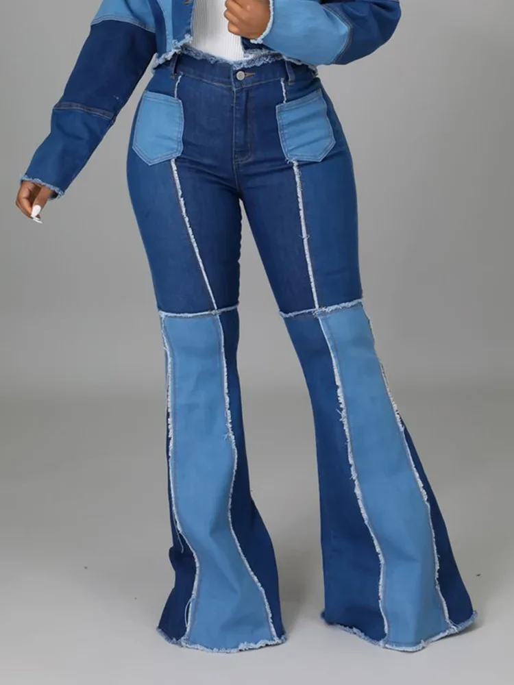 

Women Plaid Flare Pants Jeans Patchwork High Wait Y2K Denim Trousers Vintage Pockets Slim Casual Vintage Female Fashion Pant