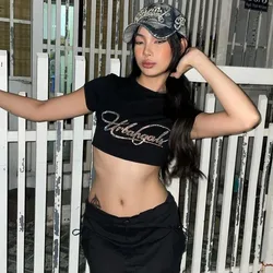 Rhinestone Letter Print T-shirt Summer Retro Streetwear Women Grunge Baby Tee Y2k Clothes Aesthetics Cute Emo Girl Slim Crop Top