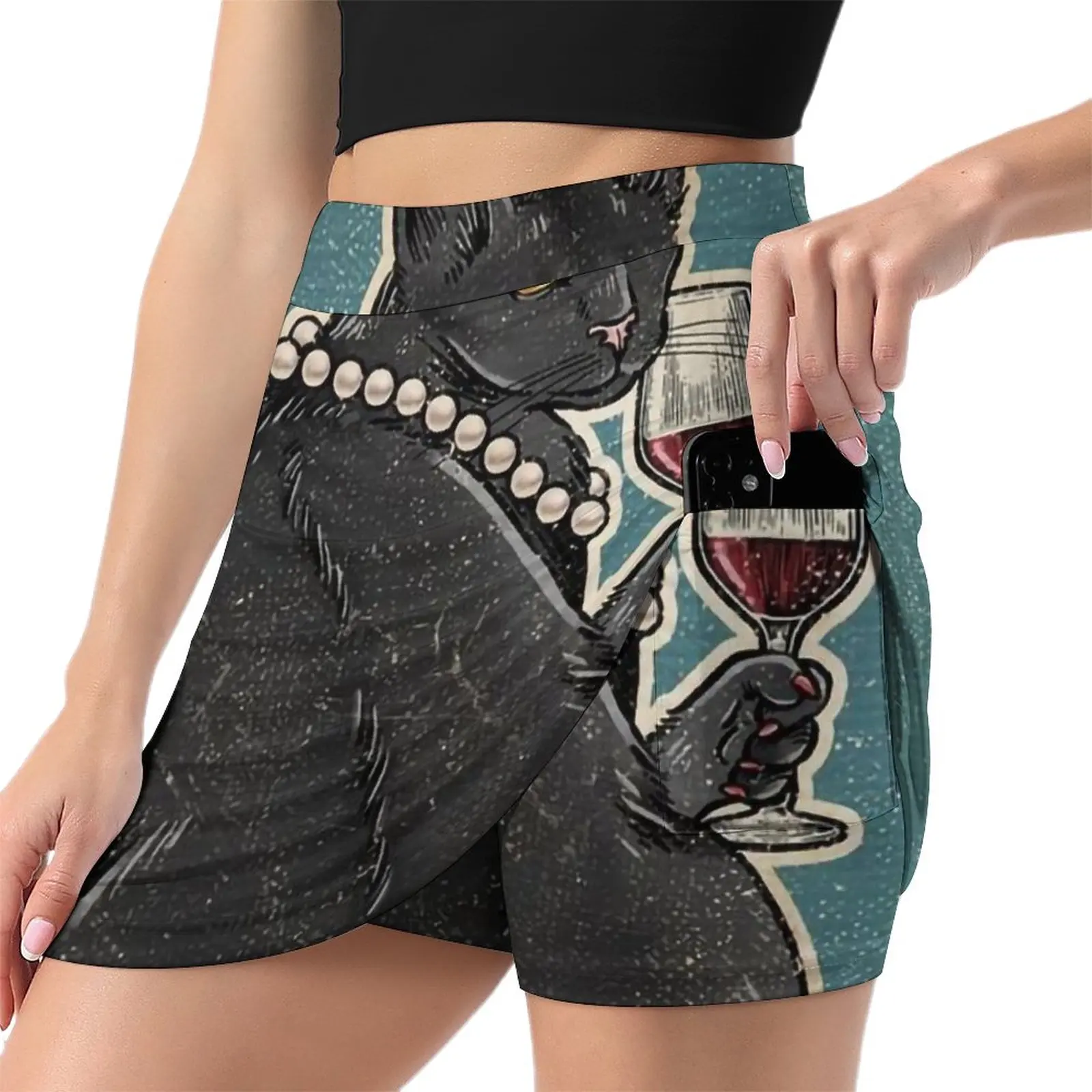 Black Cat Drinking Wine and Feline fine Light proof trouser skirt skirt for women Women's clothing
