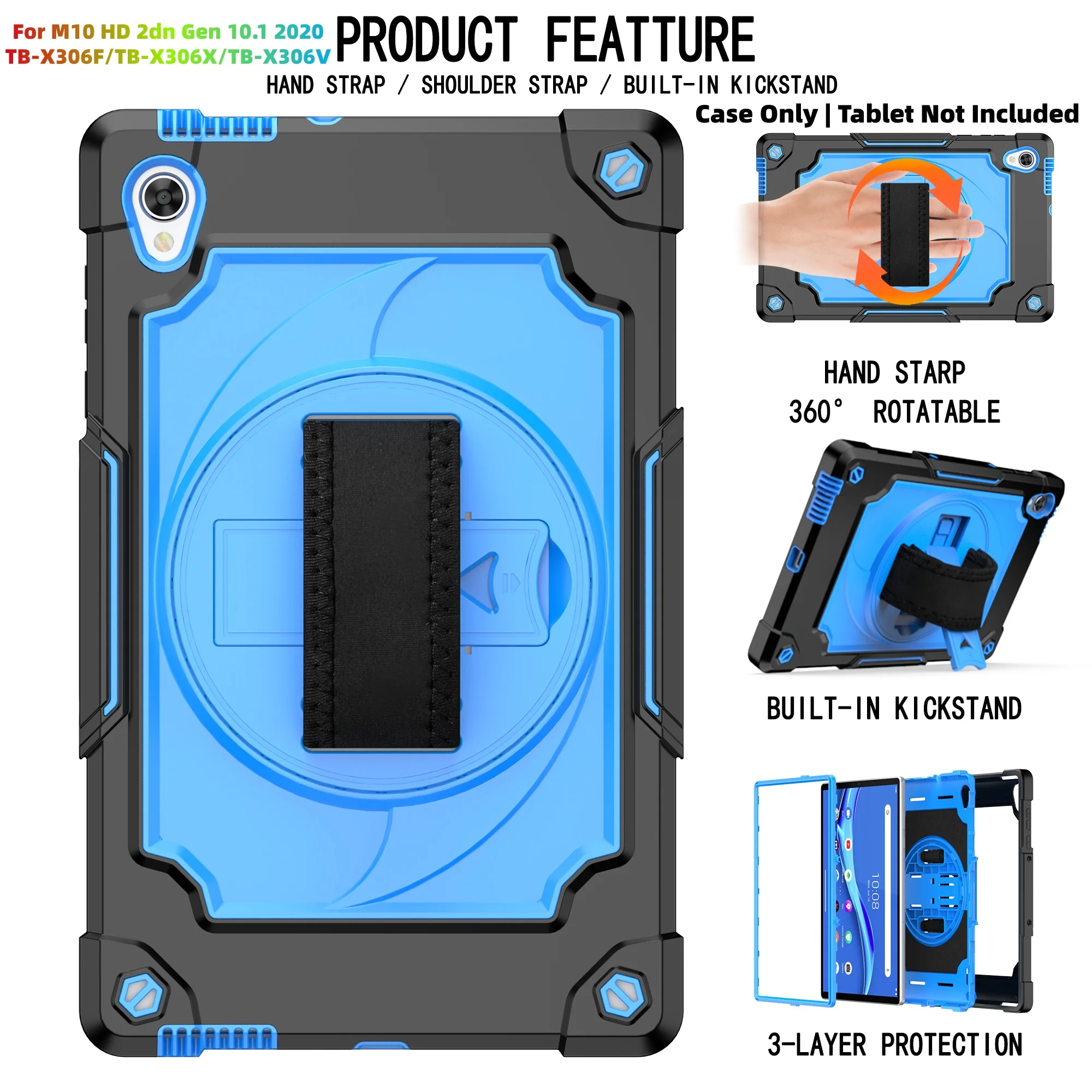 Heavy Duty Shockproof Tablet Case with 360° Rotatable Kickstand, Hand Strap, and Shoulder Strap