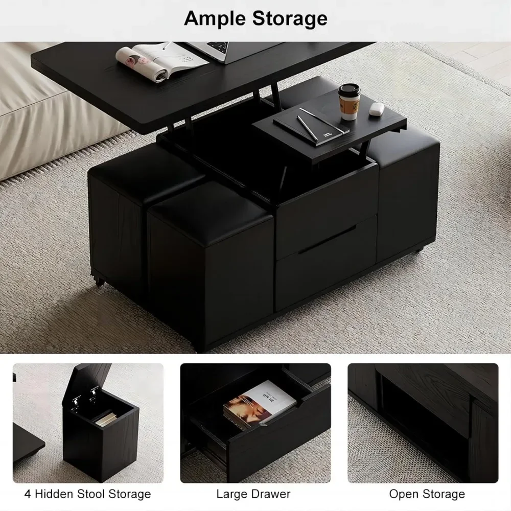 Coffee Table with Hidden Storage, Multifunctional 3-in-1 Tables with 4 Stools and Lockable Wheels, Lift-Top Coffee Table