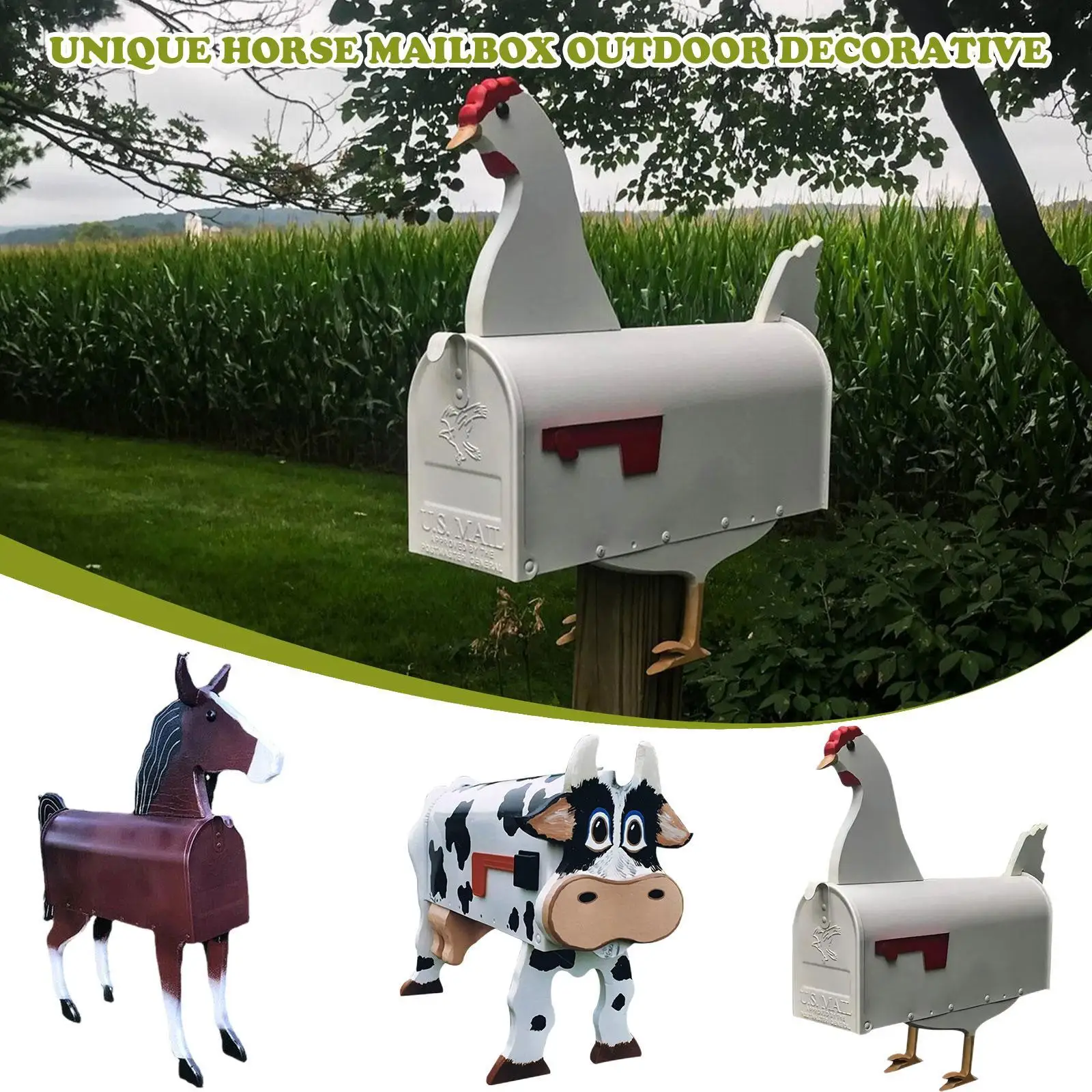

Unique Chicken Cow Horse Mailbox Metal Wall Mounted Post Box Weatherproof Farm Animal Mailboxes Outdoor Garden Decoration Crafts