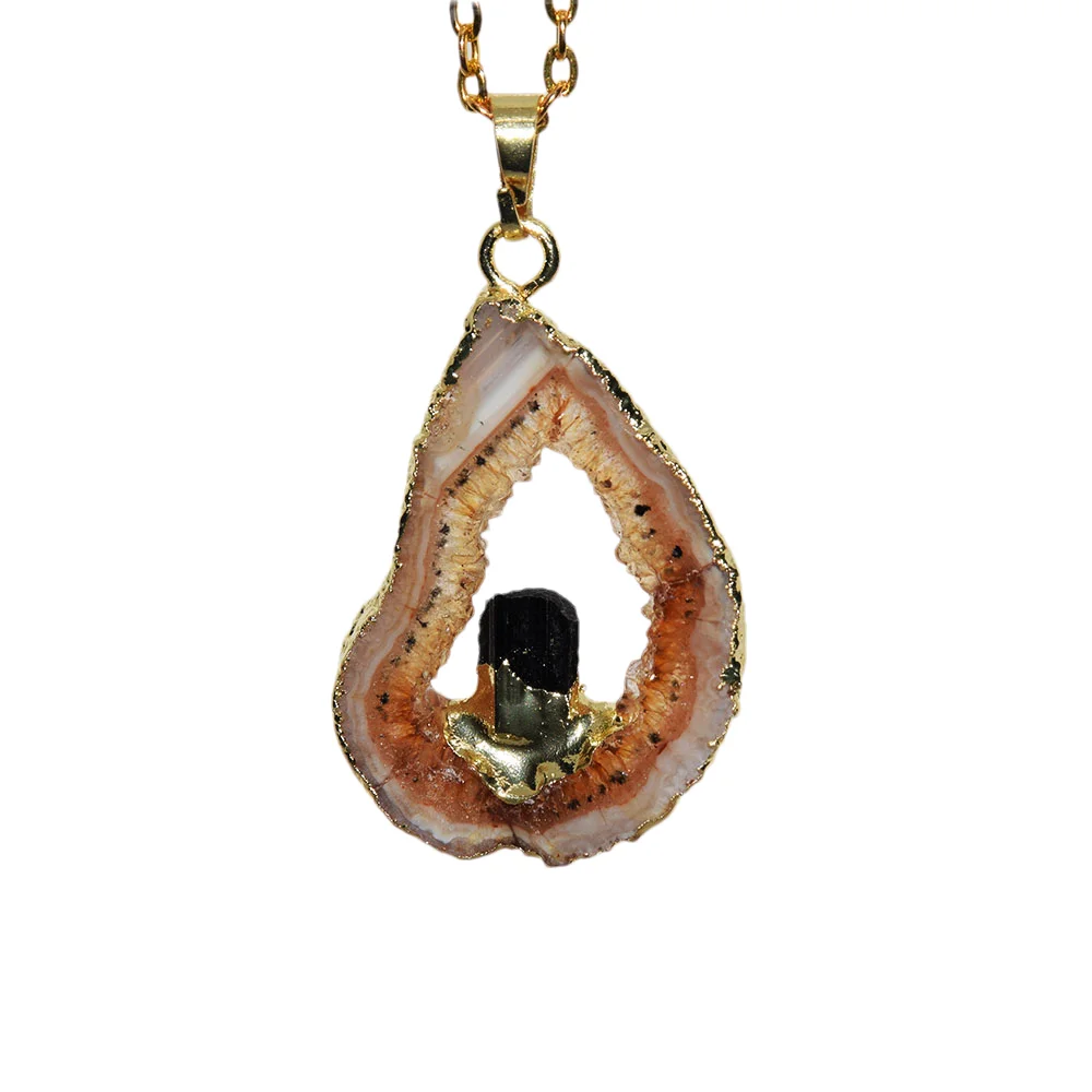 

Chain Geode Druzy Stone Necklaces femme Choker Drusy Agate stones pendant for women Irregular hole big natural slice Long 1pc