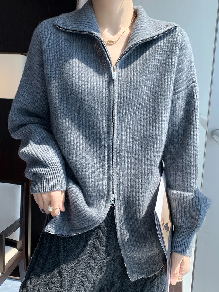 Autumn Winter Women Sweater Zipper Turn-down Collar Cardigan 100% Merino Wool Casual Knitwear Korean Fashion Women Clothing