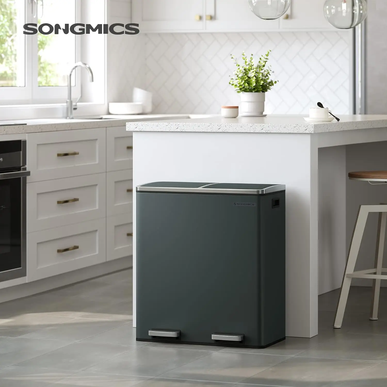 Trash Can 2 x 8 Gal Garbage Can for Kitchen with 15 Trash Bags 2 Compartments Plastic Inner Buckets and Hinged Lids