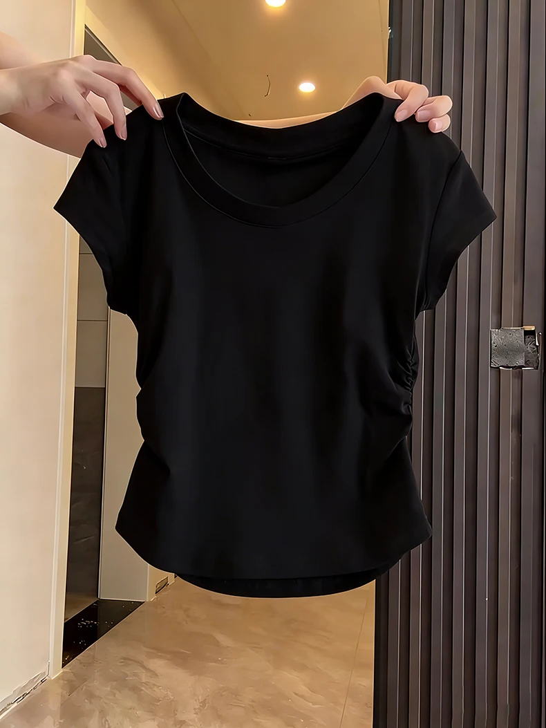 Women's Basic Solid Crop Top Short Sleeve Crewneck Skinny T-shirt Summer Casual Y2K Vintage Harajuku Streetwear