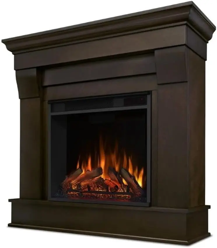 Traditional Solid Wood Indoor Electric Fireplace Mantel Heater with Remote Control, Adjustable Led Flame, 1500W in Dark Walnut 2
