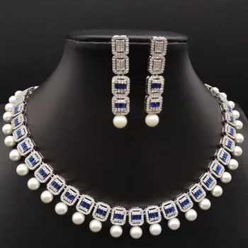 Luxury Blue Green Pearl  Cubic Zirconia Tassels Necklace Earrings Ladies Jewellery Set Party Wedding Dress Accessories Gift