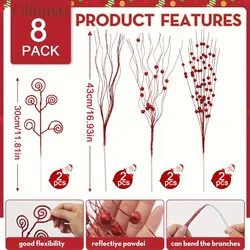 Sparkling Berry Bouquet Christmas Ornaments - Set of 8/16 Flower Decorations (Red 8Pcs)