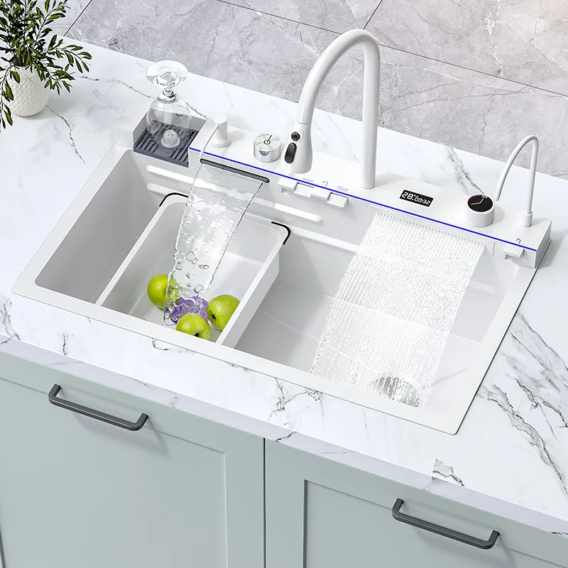 white fashion stainless steel waterfall kitchen sink Digital Display Large Single Slot pull faucet