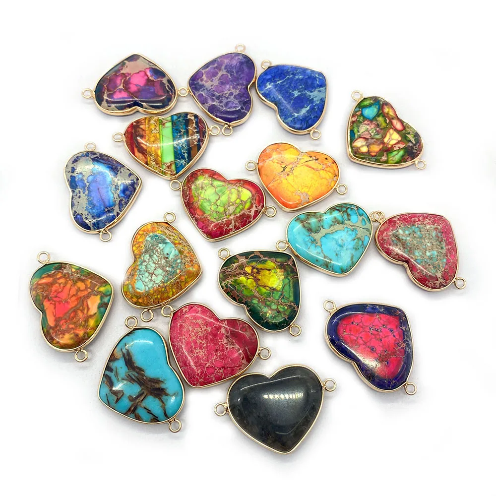 

High Quality Charm Pendant Natural Emperor Stone Heart Shape Double Hole Connector For Jewelry Making DIY Bracelet Necklace