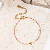 ZMZY Girls Boho Thin Chain Stainless Steel Bracelets For Women Gold Color Peach Pink Cross Charm Beautiful Gift 3