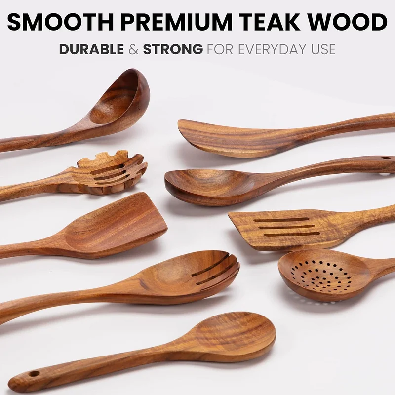 Premium Acacia Wood Non-Stick Cooking Utensil Set with Long Handles