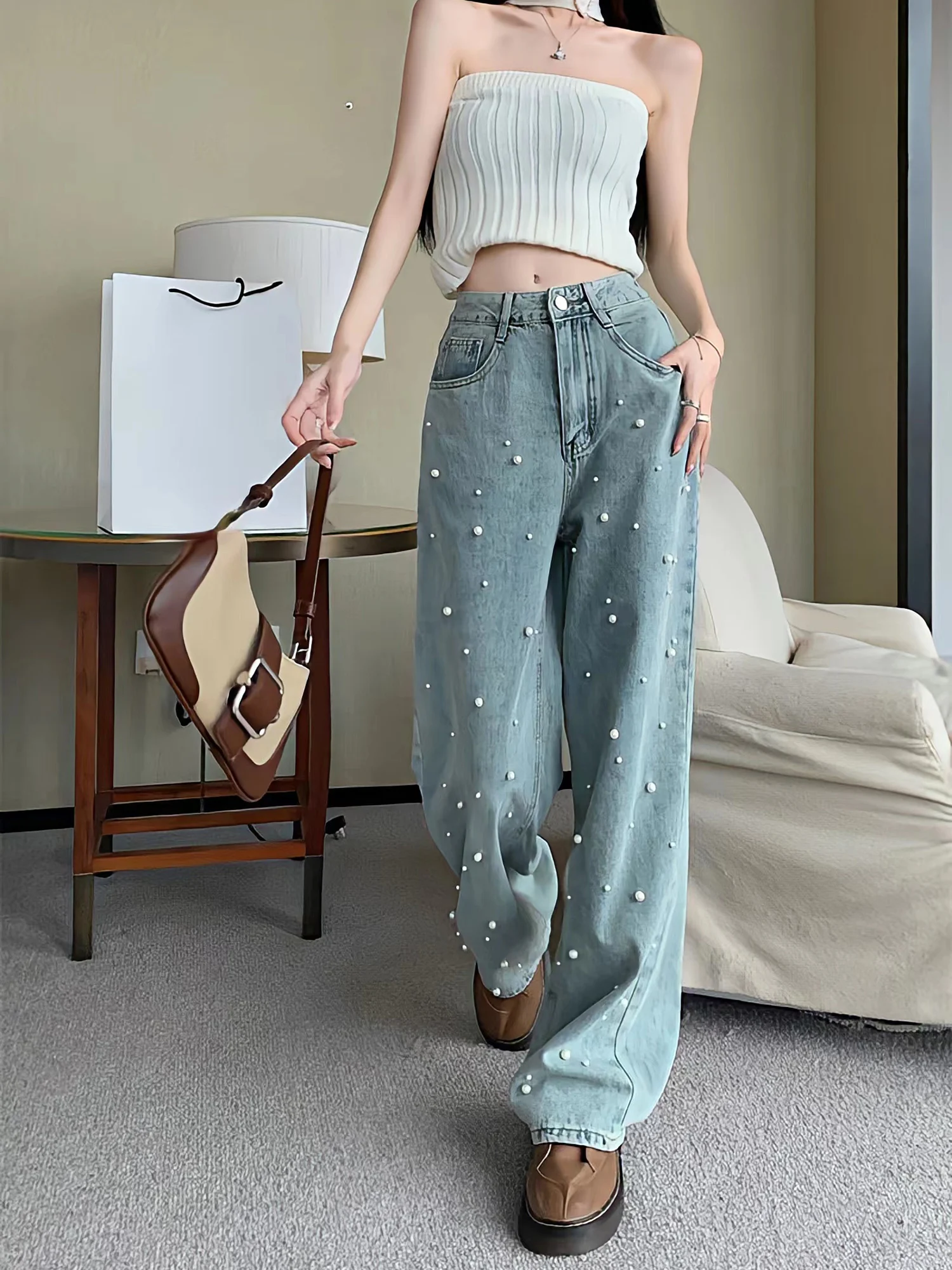 Jeans Women 2023New Design Sense Pearl Loose Casual Jeans Fashion Chic Women'S Long Trousers Retro Washed Wide Leg Mopping Pants