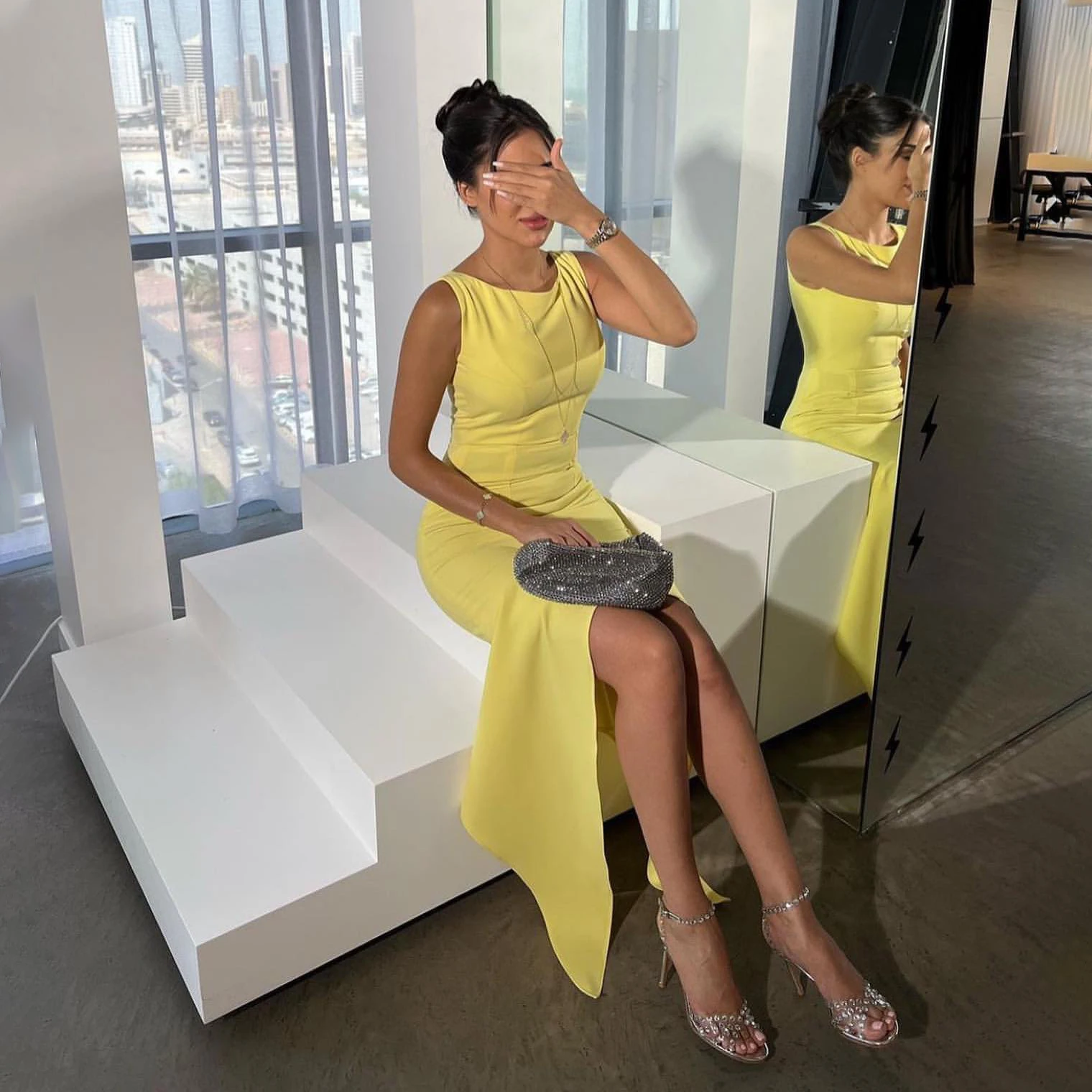 

OEING O-Neck Luxury Formal Evening Dresses Pleat Sheath Sleeveless فساتين سهرة Floor Length Elegant Prom Growns Party Women
