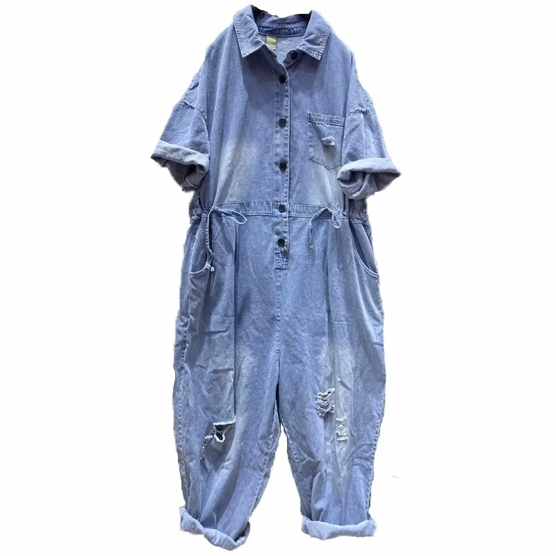 Short Sleeve Cowboy Blue Coveralls Summer Streetwear Ripped Hole Denim