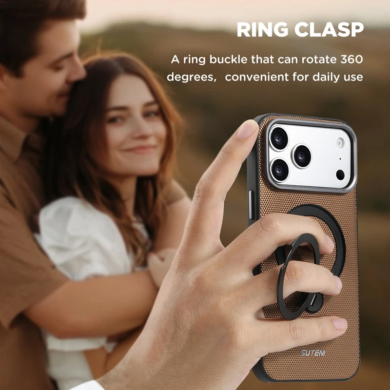 Luxury Business Triangle Texture Leather Phone Case with 360° Rotating Metal Ring Stand