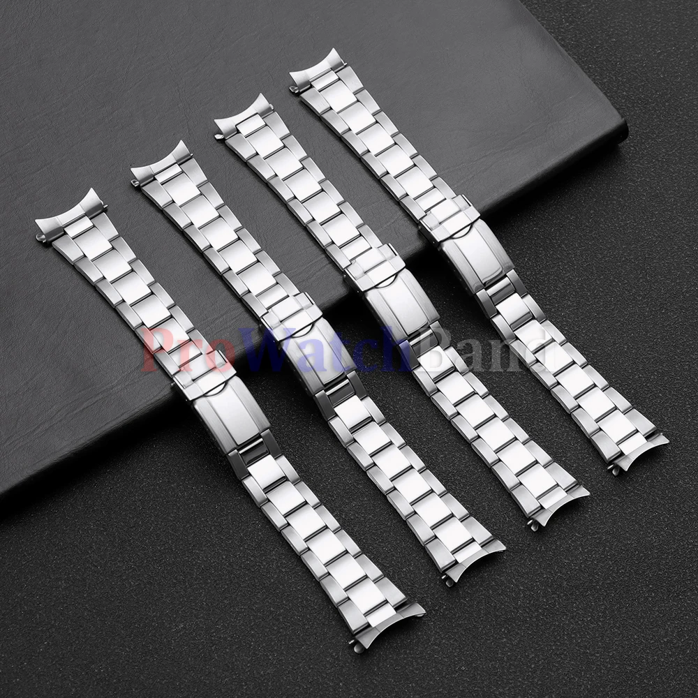 Men's Stainless Steel Curved End Sports Watch Strap with Universal Folding Buckle