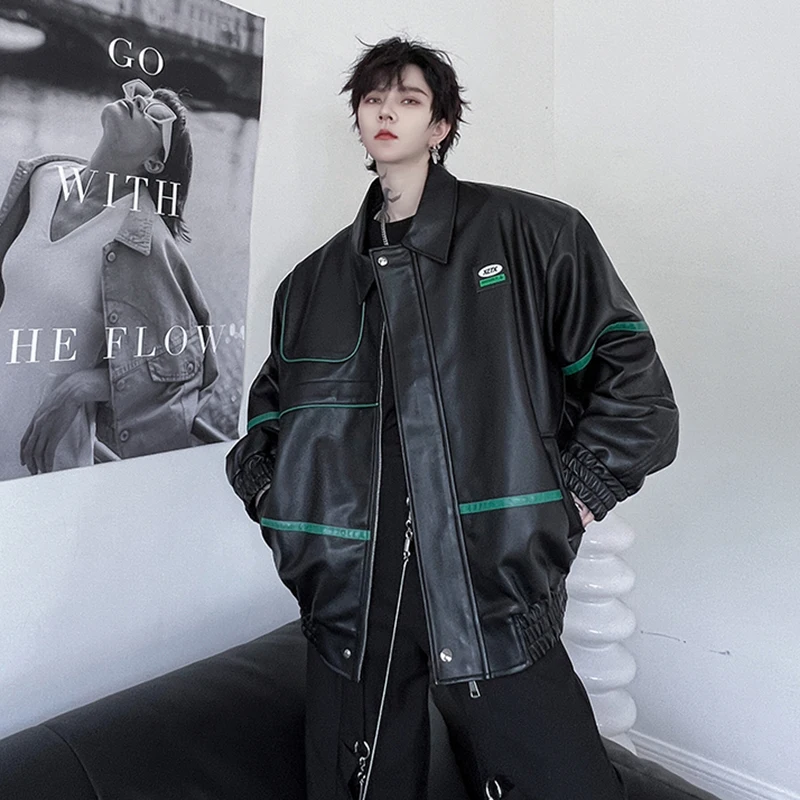 

SYUHGFA Men's Windproof PU Leather Jacket Highend Splicing Contrasting Color Windreakers Korean Style Handsome Coat Trend