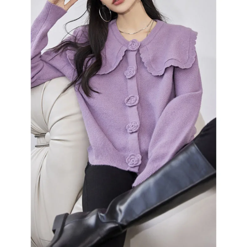 

Женский винтажный кардиган с матросским воротником, Однотонный свитер, Осень-зима