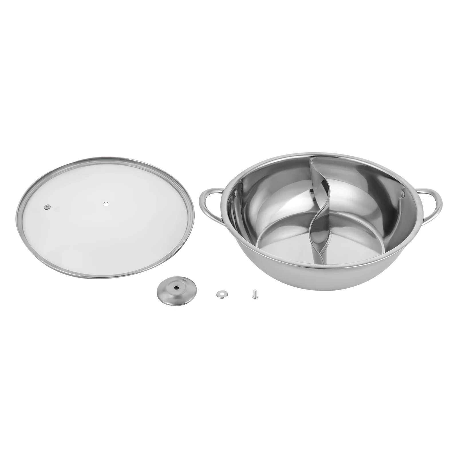 Silberner 28 cm großer Edelstahl-Hot Pot mit doppeltem Geschmack und Deckel, Shabu-Shabu-Topf mit Glasdeckel für Küchen, Restaurants, Häuser – Detail 27