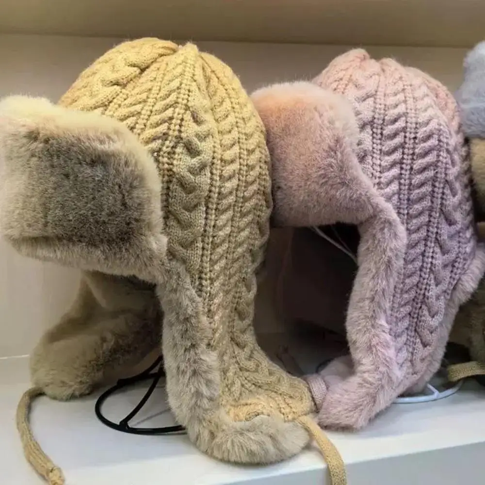 New Thicken Faux Fur Knit Hat Winter Warm Ear Protection Bomber Hat Outdoor Russian Windproof Anti-cold Furry Earflap Skiing Hat