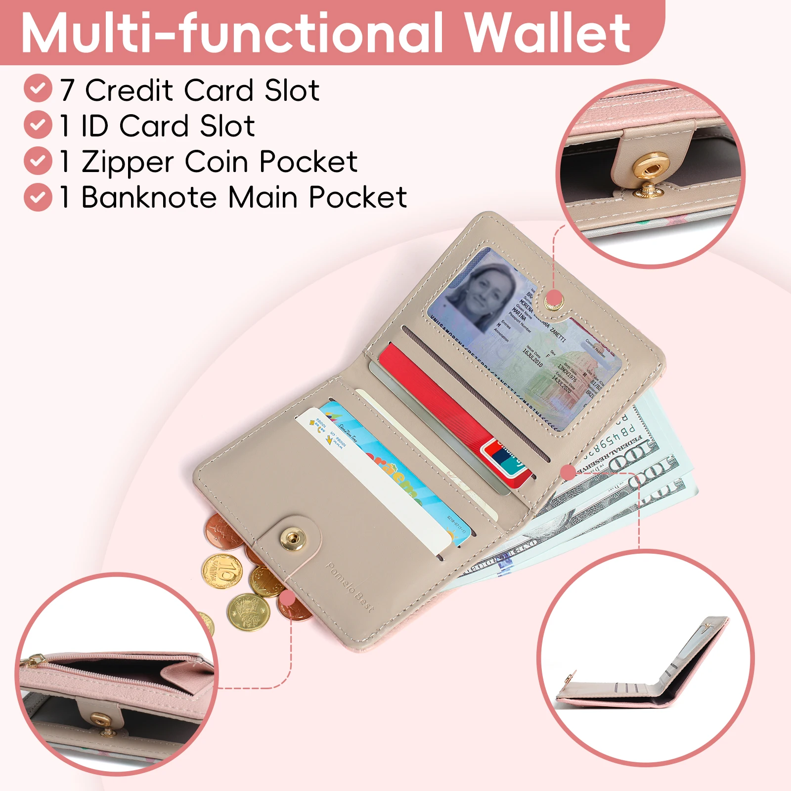 Pomelo Best Womens Wallet Soft Small Coin Purse - Stylish Bifold RFID Blocking with Zipper Coin Pocket ID Window Lightweight 2