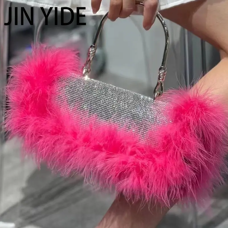 Luxury Ostrich Feathers Diamonds Evening Bags Rhinestone Women Handbag