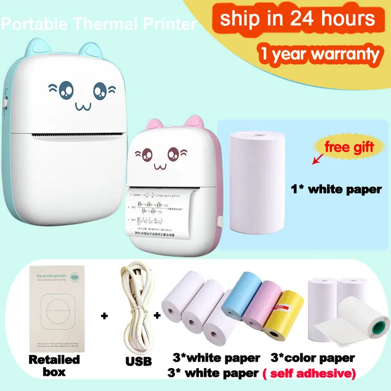 Portable Mini Thermal Printer Wireless BT 200dpi Photo Label Memo Wrong Question Printing with USB Cable imprimante portable | Компьютеры