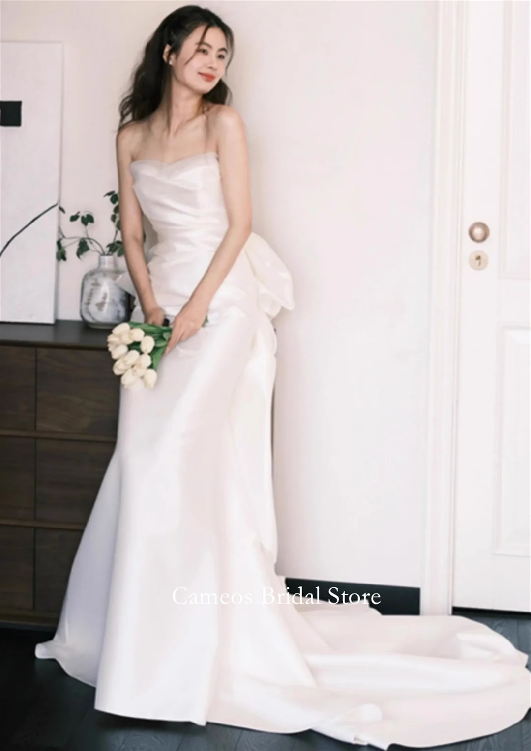 SONDR Customized Wedding Dresses Sleeveless Ivory Strapless Korea Satin Mermaid Bowith Brides Gowns Women Bridal Dresses