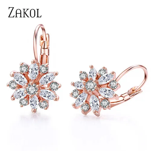 ZAKOL 패션 로즈 골드 컬러 후프 귀걸이, 플라워 클러스터 클리어 CZ 크리스탈 지르코니아 귀걸이, 여성용 쥬얼리 Brincos EP609 4