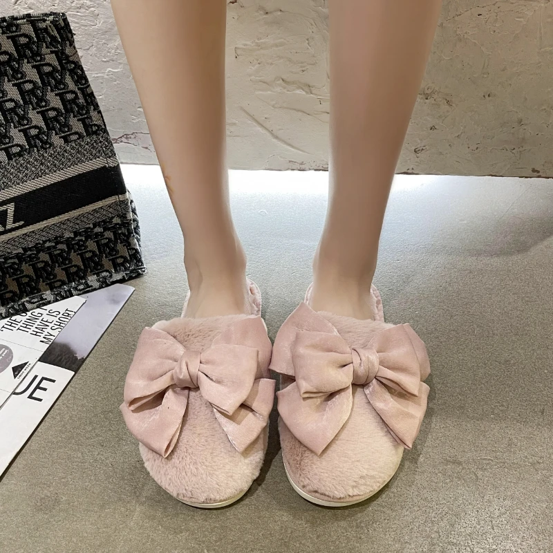 

Women's bow knot household slippers, soft soled warm cotton shoes, indoor, bedroom and adult, winter