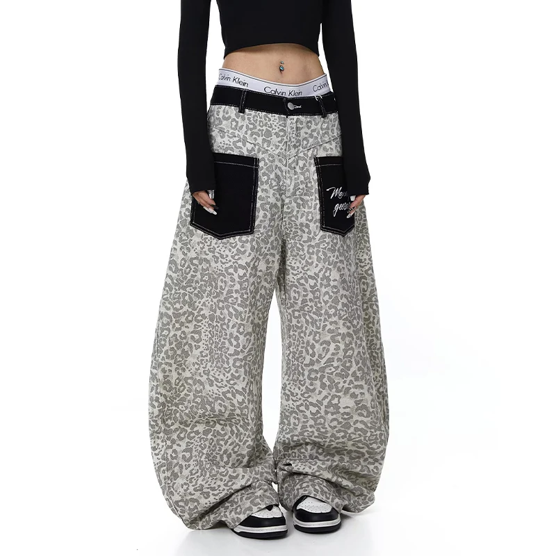  American Design 2026 Spring Summer Leopard Print Denim Pants Women Loose Sexy Slimming Knife Floor-Length Casual Trousers 4