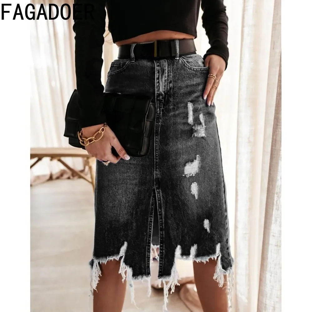 FAGADOER Spring New Hole Irregular Denim Skirts Women High Waisted Button Straight Skirts Casual Female Cowboy Bottoms 2024 New irregular flower knife hole denim women high waist wide leg wash made old blue loose straight leg mop pants