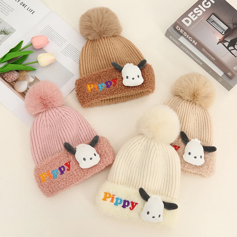

Anime Children Hat Sanrio Cute Pochacco Cartoon Kawaii Student Plush Thickening Headwear Knit Hairball Hat Christmas Gifts Girls