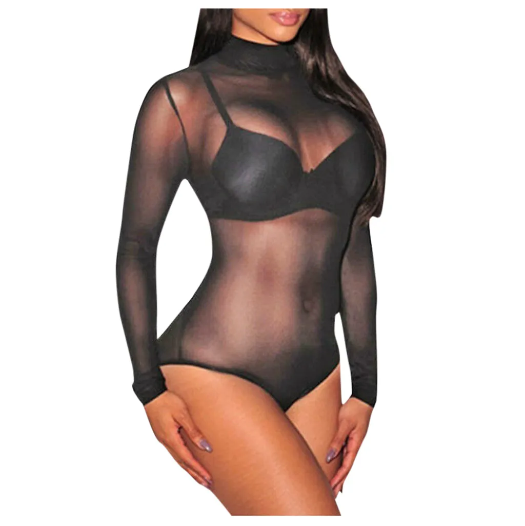 

Perspective Mesh Bodysuit Women Lingerie Turtleneck Long Sleeve Slim Tight Jumpsuit Sexy Underwear for Women Body Zorrita Open