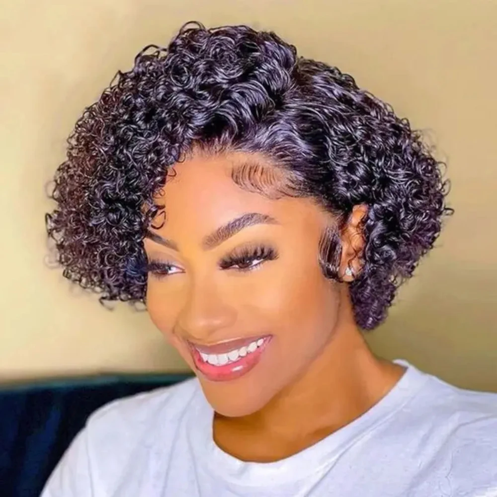 Short Bob Wig Pixie Cut Transparent Wig Curly Human Hair Wigs For Women Deep Wave Lace Preplucked Hairline 12Pcs