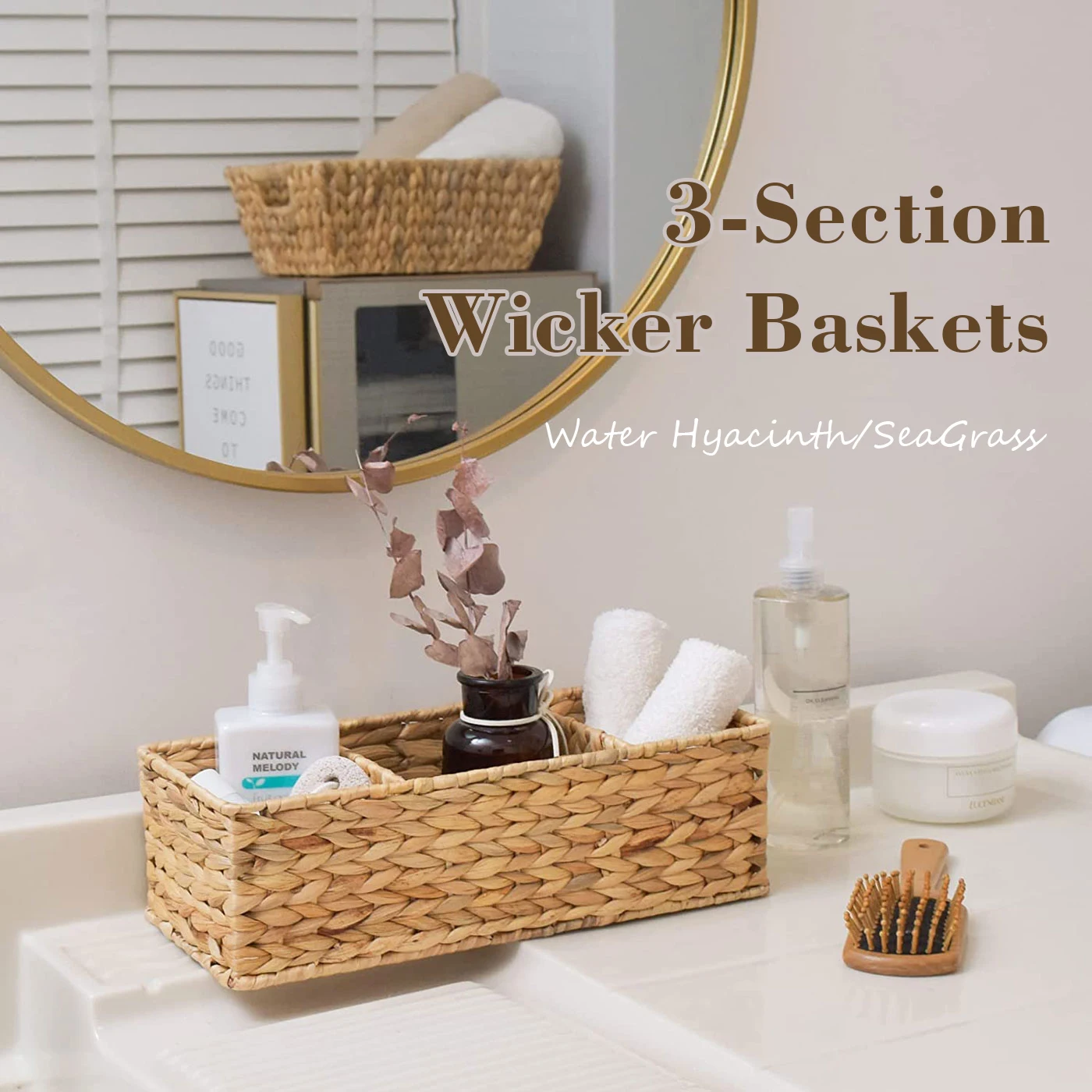 Organizer For Cosmetics 3 Sections Wicker Baskets for Shelves Hand