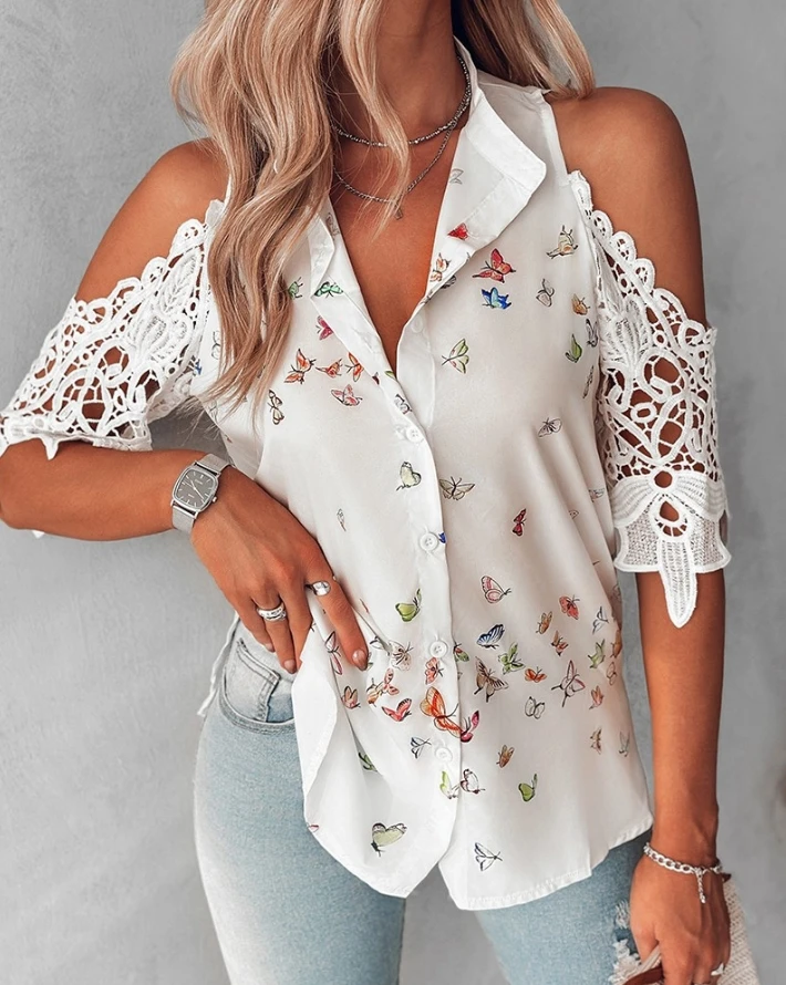

Women's Quarter Sleeve Buttons Blouses 2024 New Spring Butterfly Print Lace Patch Cold Shoulder Top Casual Shirt Top