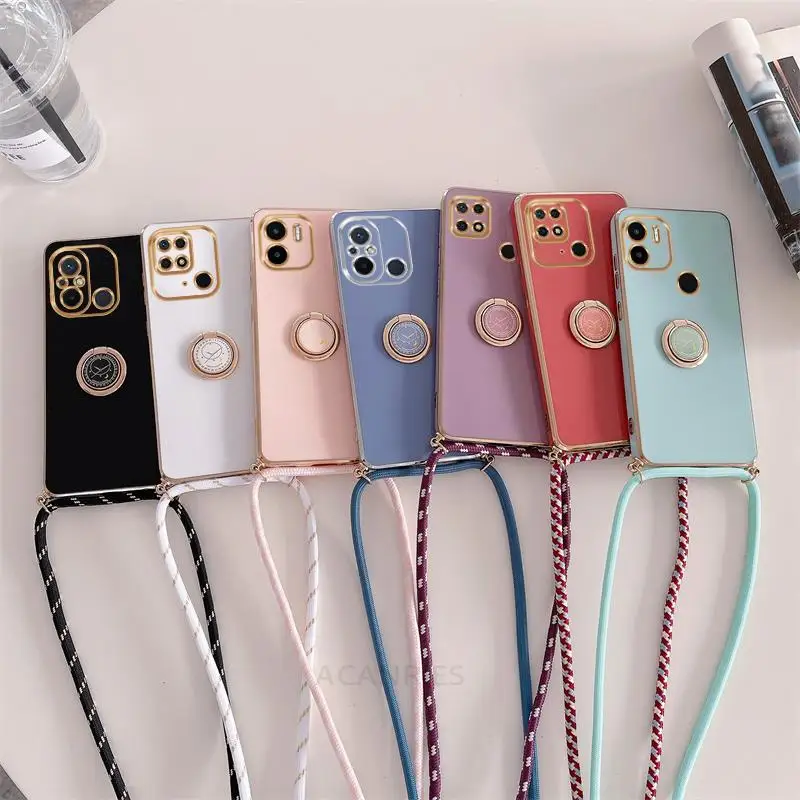 

Plating Ring Holder Cord Strap Crossbody Lanyard Case For Xiaomi Redmi 12C 10C 9C Nfc A1 A2 Plus Back Cover On Redmi12C 9A 10A