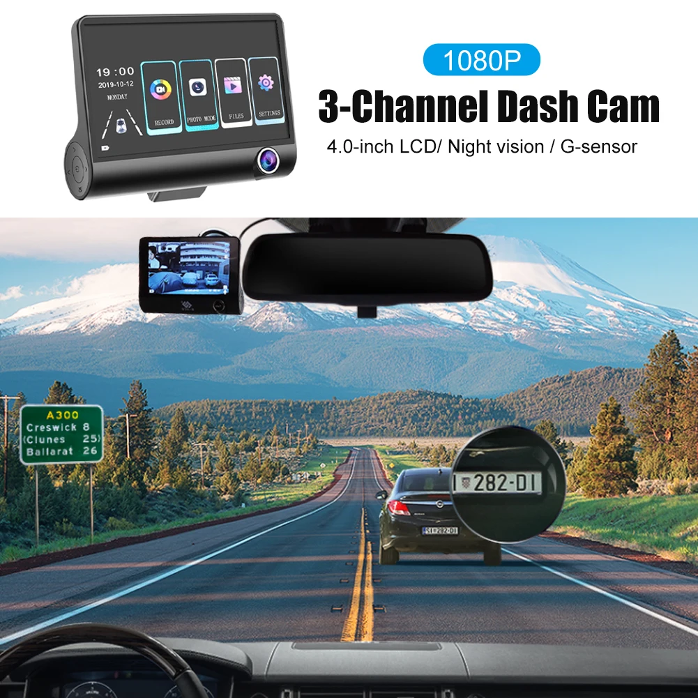 Car Dash Camera 4Inches Touch Screen Car Video Recorder 3 Channel Front Inside Rear Camera Night Vision Loop Recording Car DVR