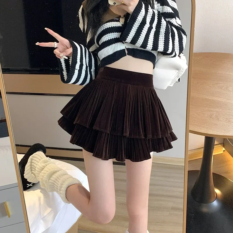 ★韓国人気★DELIGHT J★CREAM VELVET SHIRRING SKIRT LEGGINGS Women Elegant High Waist Package Hip Pencil Skirts Korean
