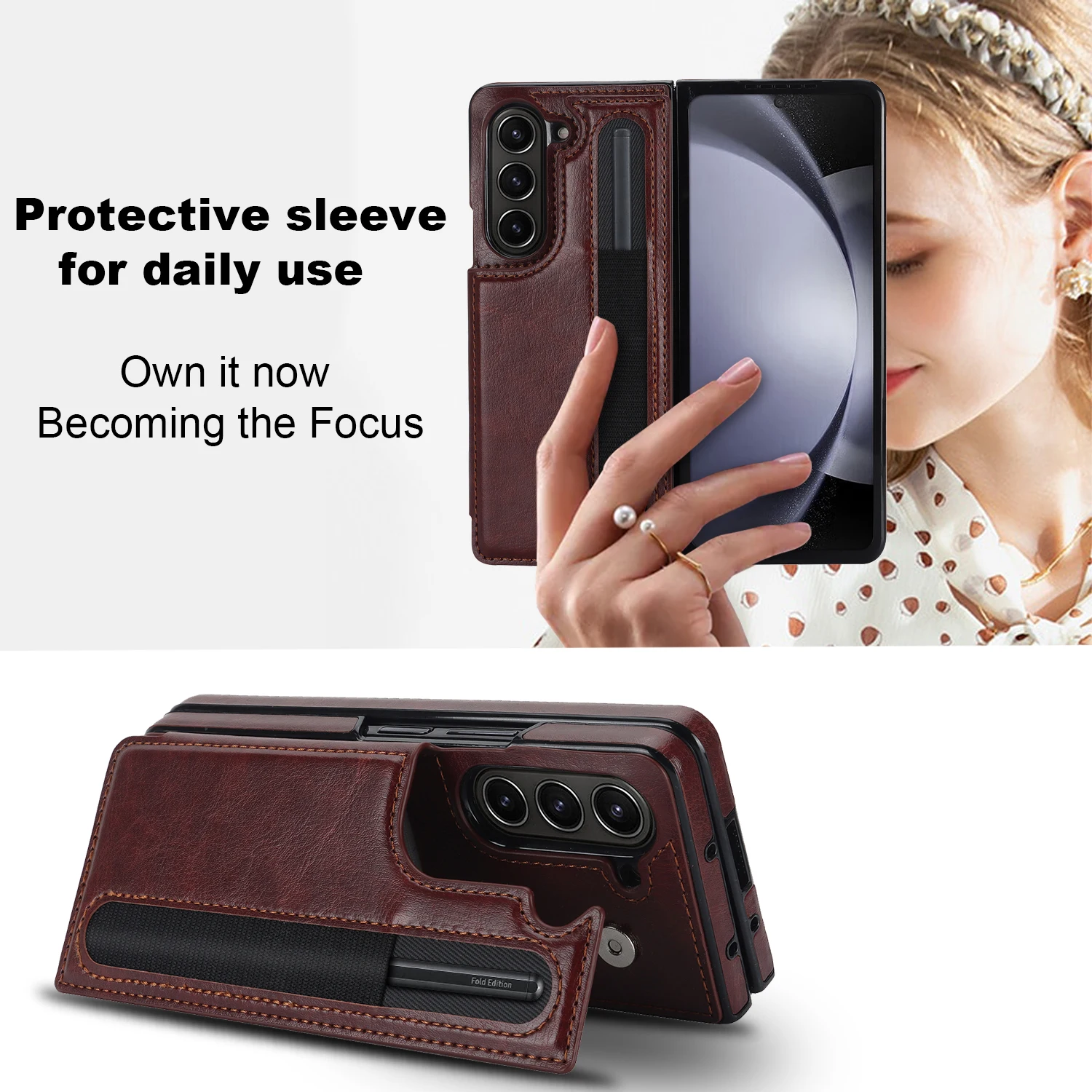 Leather Wallet Phone Case with Card Holder and Double Buckle, Pen Slot, Protective Design