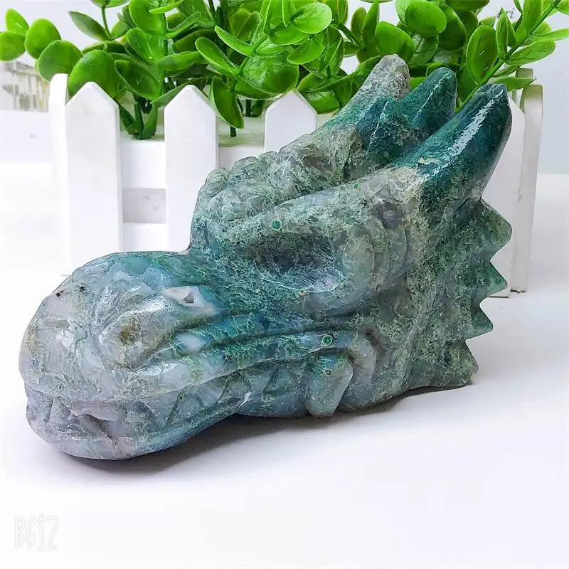 

14CM Natural Moss Agate Dragon Skull Crystal Carving Healing Fashion Home Decoration Birthday Present Holiday Gift 1pcs
