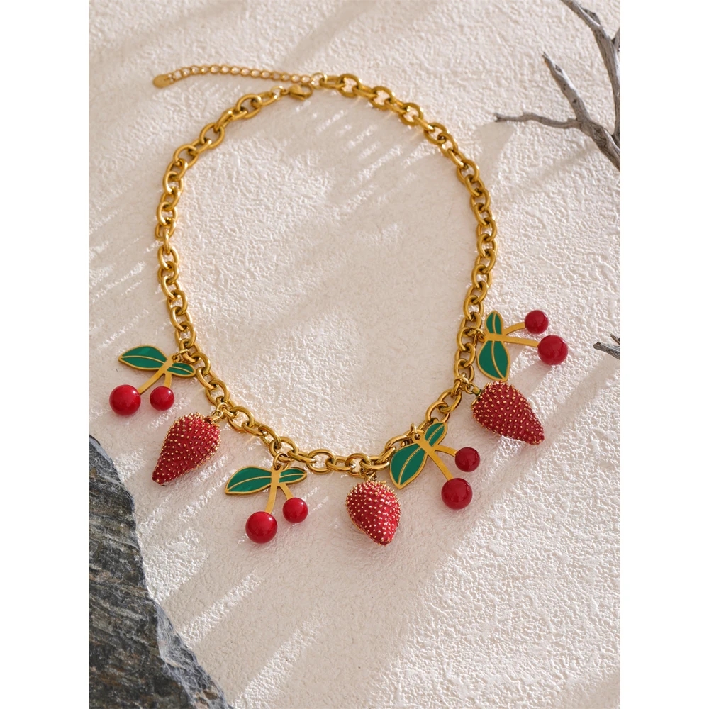 Yhpup 2025 Red Enamel Acrylic Cherry Strawberry Drop Necklace for Women