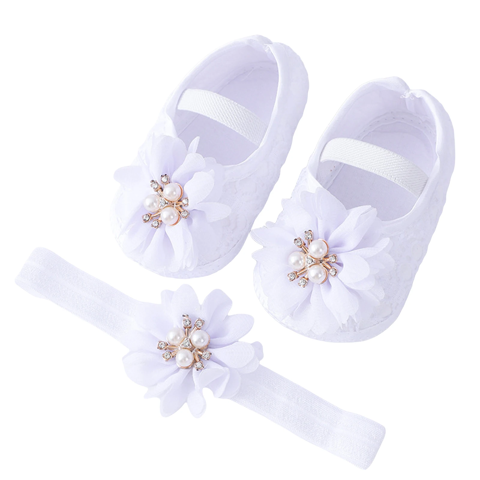 Elegant Infant Girls' Pearl Flower Dress Shoes with Headband