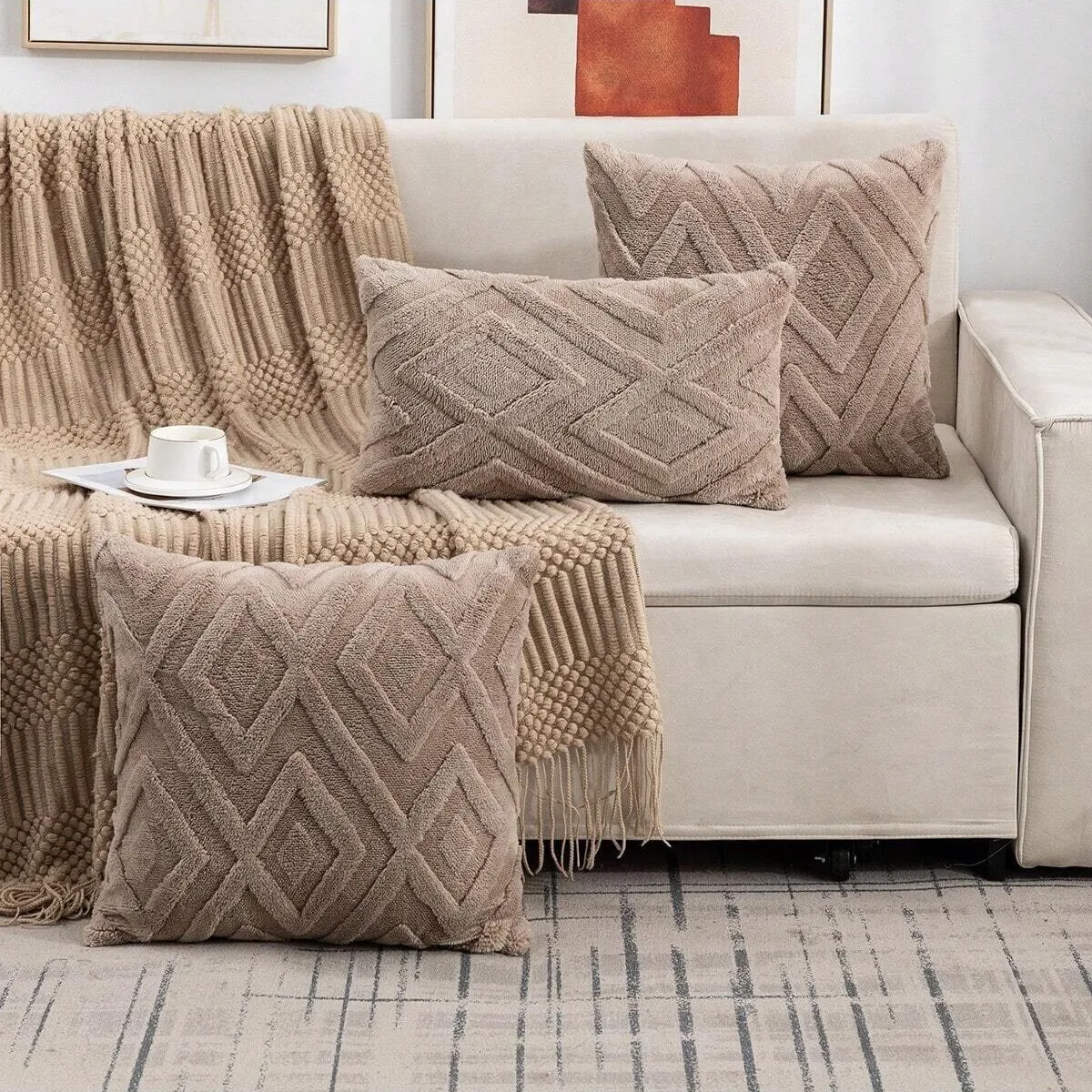 Taupe diamond-textured pillow in square and lumbar shapes
