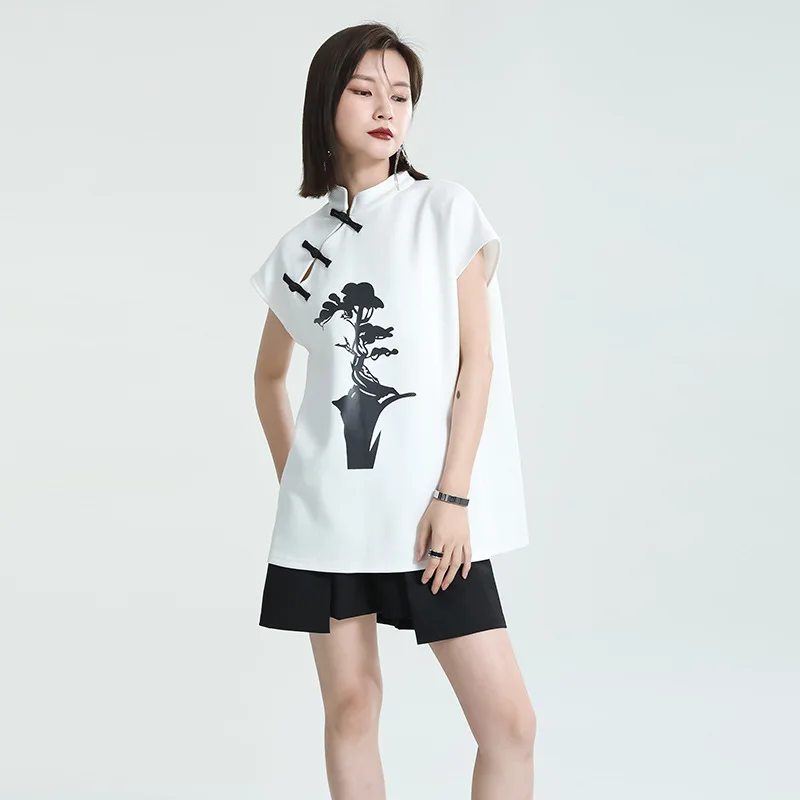 

New Chinese Style Modified Cheongsam Buckle Print, Short Sleeve T-Shirt, Women's Summer Loose Slim Mid-length Blouse