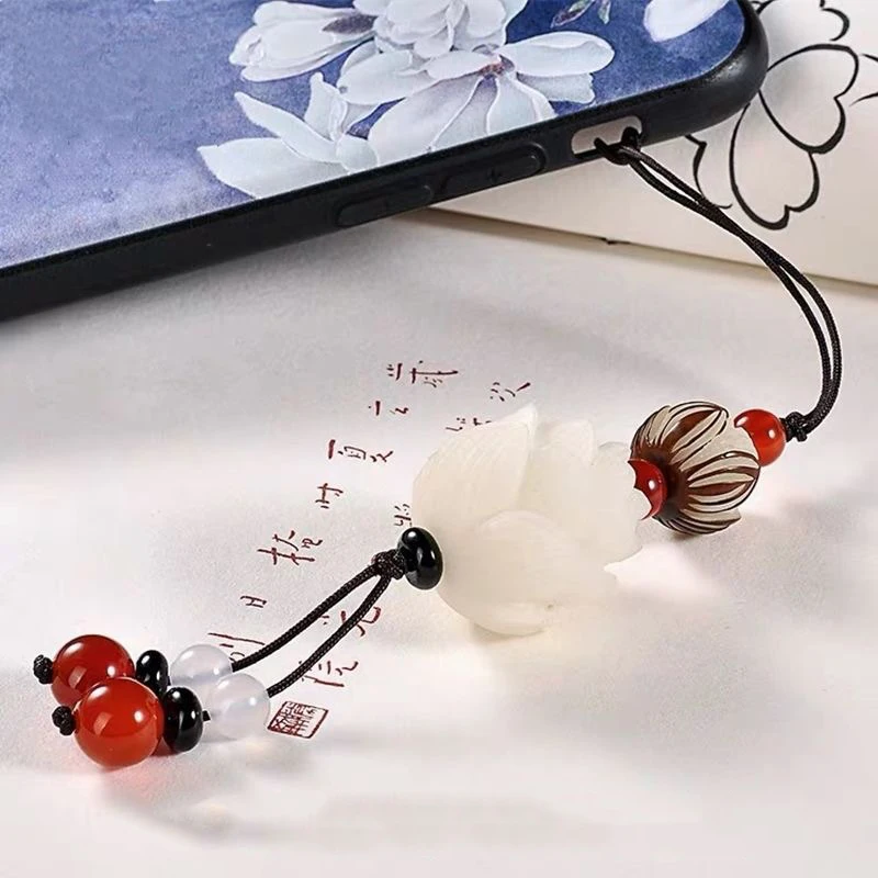 Vintage Handmade Carved Bodhi Lotus Flower Keychain For Women Men Wood Jewelry Hanging Charms Simple Beaded Key Chains